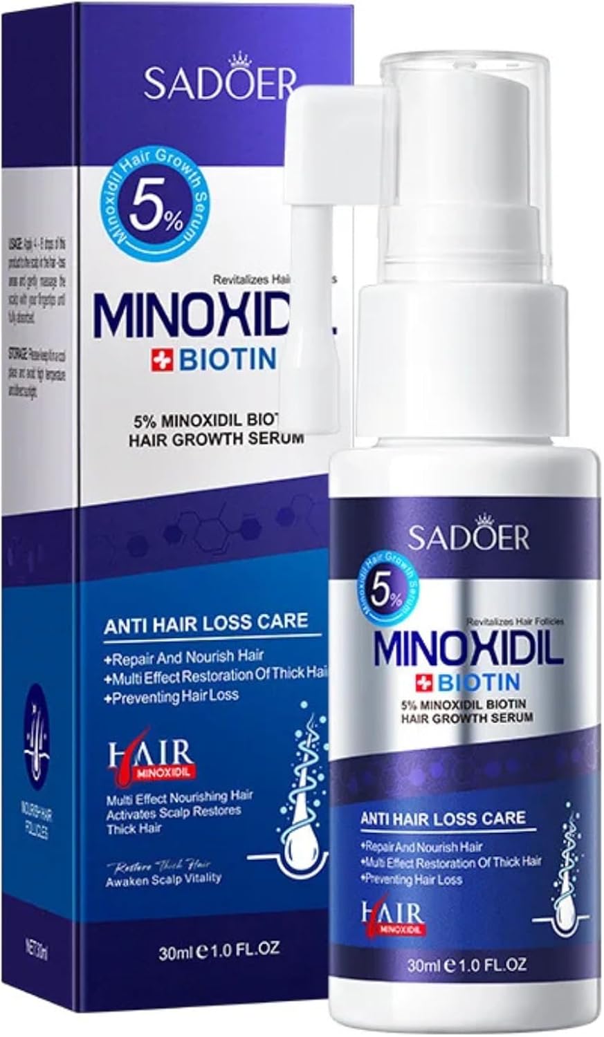 SADOER 5% Minoxidil + Biotin Hair Growth Serum – Fast Absorbing Scalp Treatment for Thinning Hair (30ml)