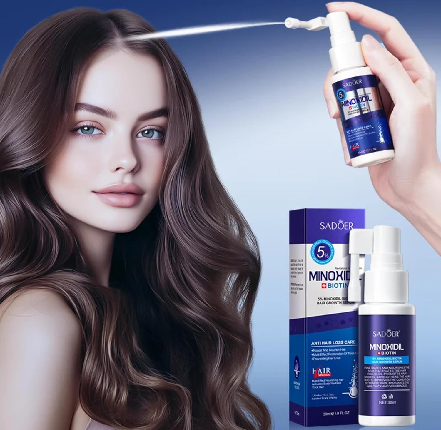 SADOER 5% Minoxidil + Biotin Hair Growth Serum – Fast Absorbing Scalp Treatment for Thinning Hair (30ml)