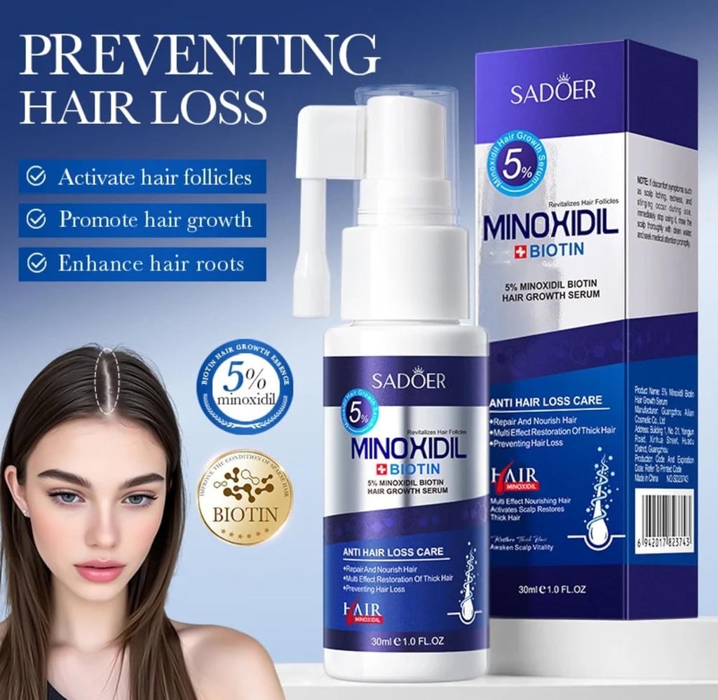 SADOER 5% Minoxidil + Biotin Hair Growth Serum – Fast Absorbing Scalp Treatment for Thinning Hair (30ml)