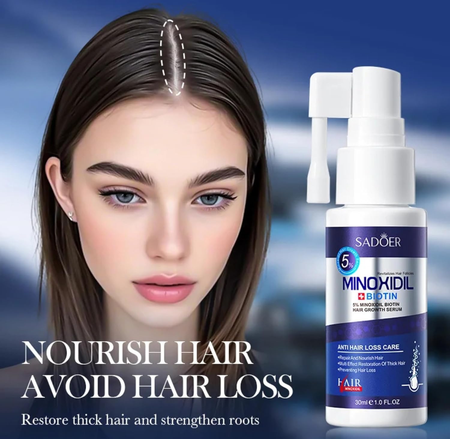 SADOER 5% Minoxidil + Biotin Hair Growth Serum – Fast Absorbing Scalp Treatment for Thinning Hair (30ml)